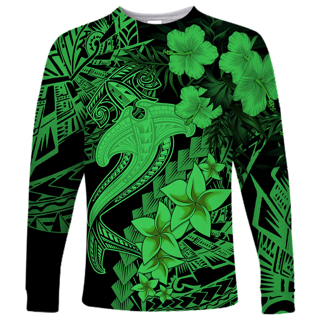 Aloha Hawaii Long Sleeve Shirt Hammerhead Shark Tattoo Polynesian Summer - Green LT9 Unisex Green - Polynesian Pride