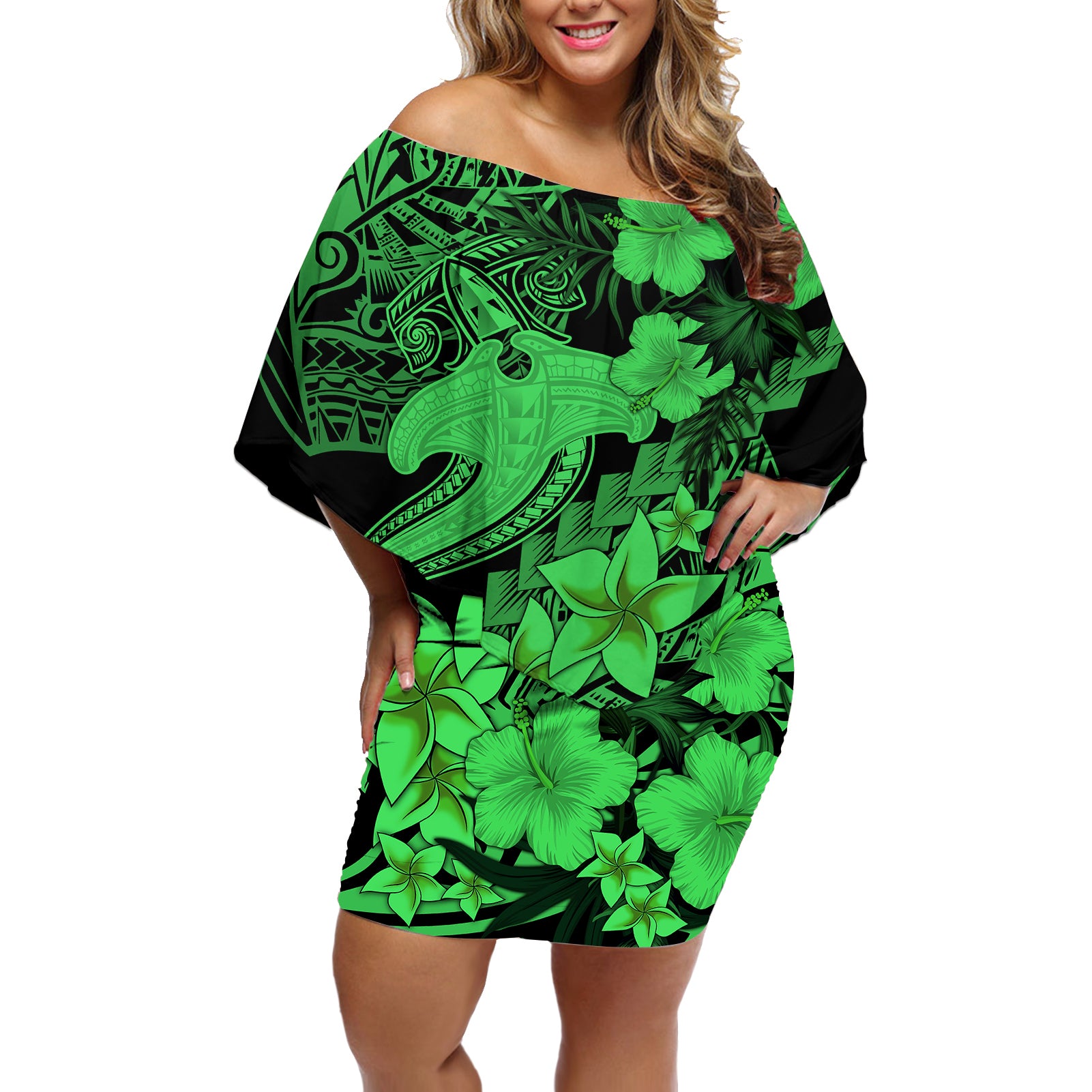 Aloha Hawaii Off Shoulder Short Dress Hammerhead Shark Tattoo Polynesian Summer - Green LT9 Women Green - Polynesian Pride