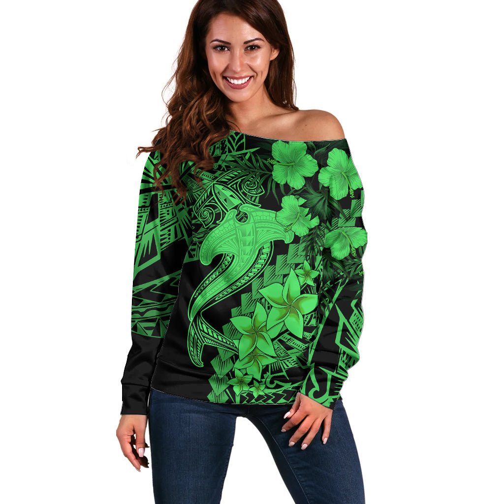 Aloha Hawaii Off Shoulder Sweater Hammerhead Shark Tattoo Polynesian Summer - Green LT9 Women Green - Polynesian Pride