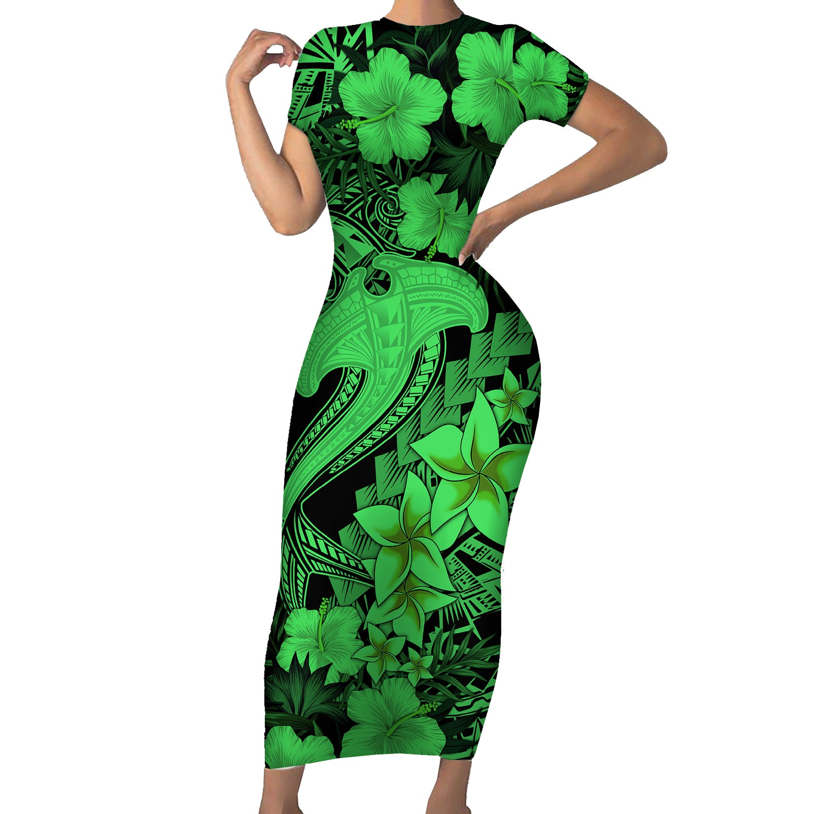 Aloha Hawaii Short Sleeve Bodycon Dress Hammerhead Shark Tattoo Polynesian Summer - Green LT9 Long Dress Green - Polynesian Pride