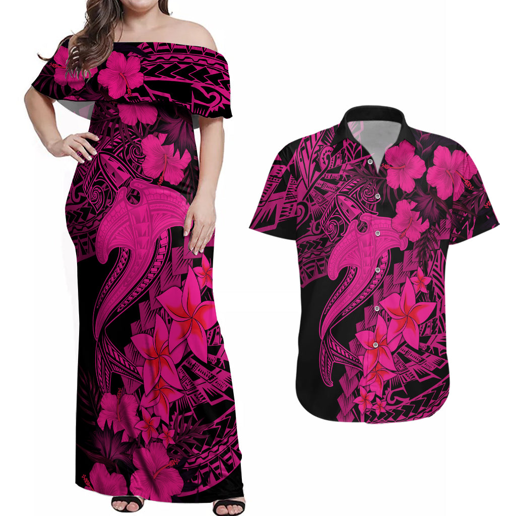 Aloha Hawaii Couples Matching Off Shoulder Maxi Dress and Hawaiian Shirt Hammerhead Shark Tattoo Polynesian Summer - Pink LT9 Pink - Polynesian Pride