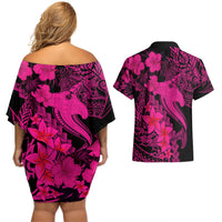 Aloha Hawaii Couples Matching Off Shoulder Short Dress and Hawaiian Shirt Hammerhead Shark Tattoo Polynesian Summer - Pink LT9 - Polynesian Pride