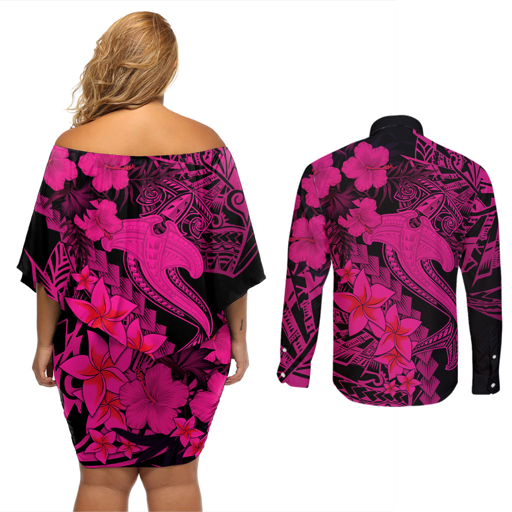 Aloha Hawaii Couples Matching Off Shoulder Short Dress and Long Sleeve Button Shirts Hammerhead Shark Tattoo Polynesian Summer - Pink LT9 - Polynesian Pride