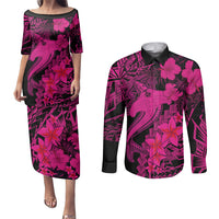 Aloha Hawaii Couples Matching Puletasi Dress and Long Sleeve Button Shirts Hammerhead Shark Tattoo Polynesian Summer - Pink LT9 Pink - Polynesian Pride