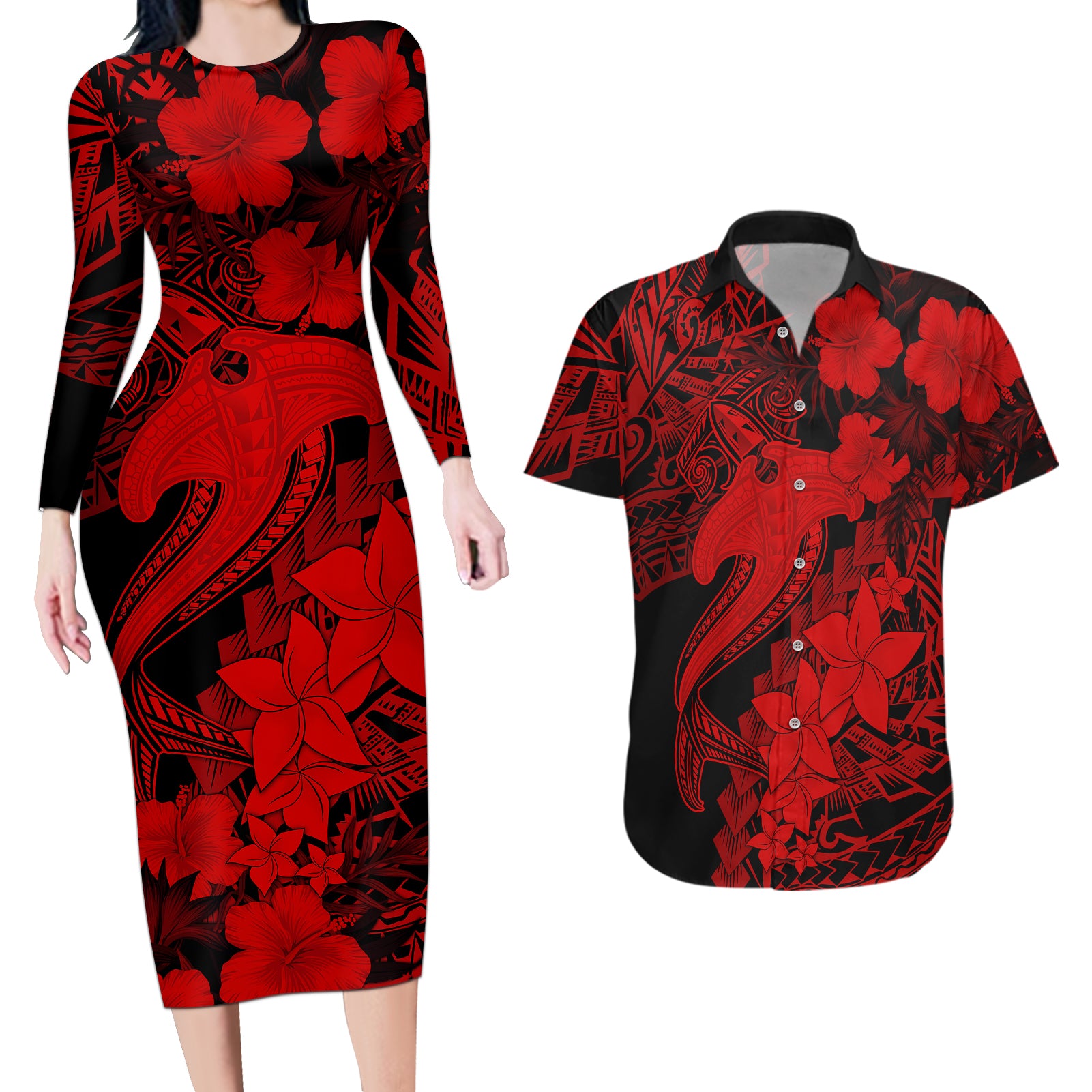 Aloha Hawaii Couples Matching Long Sleeve Bodycon Dress and Hawaiian Shirt Hammerhead Shark Tattoo Polynesian Summer - Red LT9 Red - Polynesian Pride