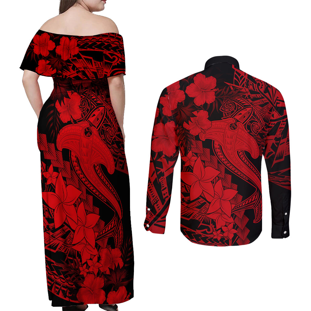 Aloha Hawaii Couples Matching Off Shoulder Maxi Dress and Long Sleeve Button Shirts Hammerhead Shark Tattoo Polynesian Summer - Red LT9 - Polynesian Pride