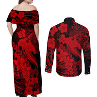 Aloha Hawaii Couples Matching Off Shoulder Maxi Dress and Long Sleeve Button Shirts Hammerhead Shark Tattoo Polynesian Summer - Red LT9 - Polynesian Pride