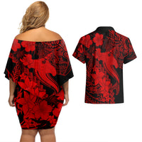 Aloha Hawaii Couples Matching Off Shoulder Short Dress and Hawaiian Shirt Hammerhead Shark Tattoo Polynesian Summer - Red LT9 - Polynesian Pride