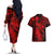 Aloha Hawaii Couples Matching Off The Shoulder Long Sleeve Dress and Hawaiian Shirt Hammerhead Shark Tattoo Polynesian Summer - Red LT9 - Polynesian Pride