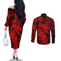 Aloha Hawaii Couples Matching Off The Shoulder Long Sleeve Dress and Long Sleeve Button Shirts Hammerhead Shark Tattoo Polynesian Summer - Red LT9 - Polynesian Pride