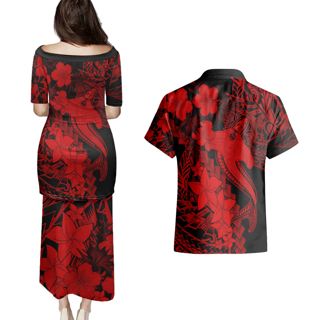 Aloha Hawaii Couples Matching Puletasi Dress and Hawaiian Shirt Hammerhead Shark Tattoo Polynesian Summer - Red LT9 - Polynesian Pride