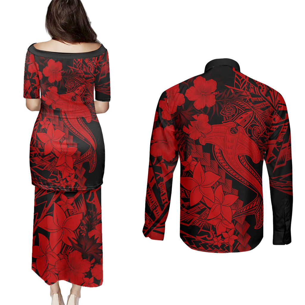Aloha Hawaii Couples Matching Puletasi Dress and Long Sleeve Button Shirts Hammerhead Shark Tattoo Polynesian Summer - Red LT9 - Polynesian Pride