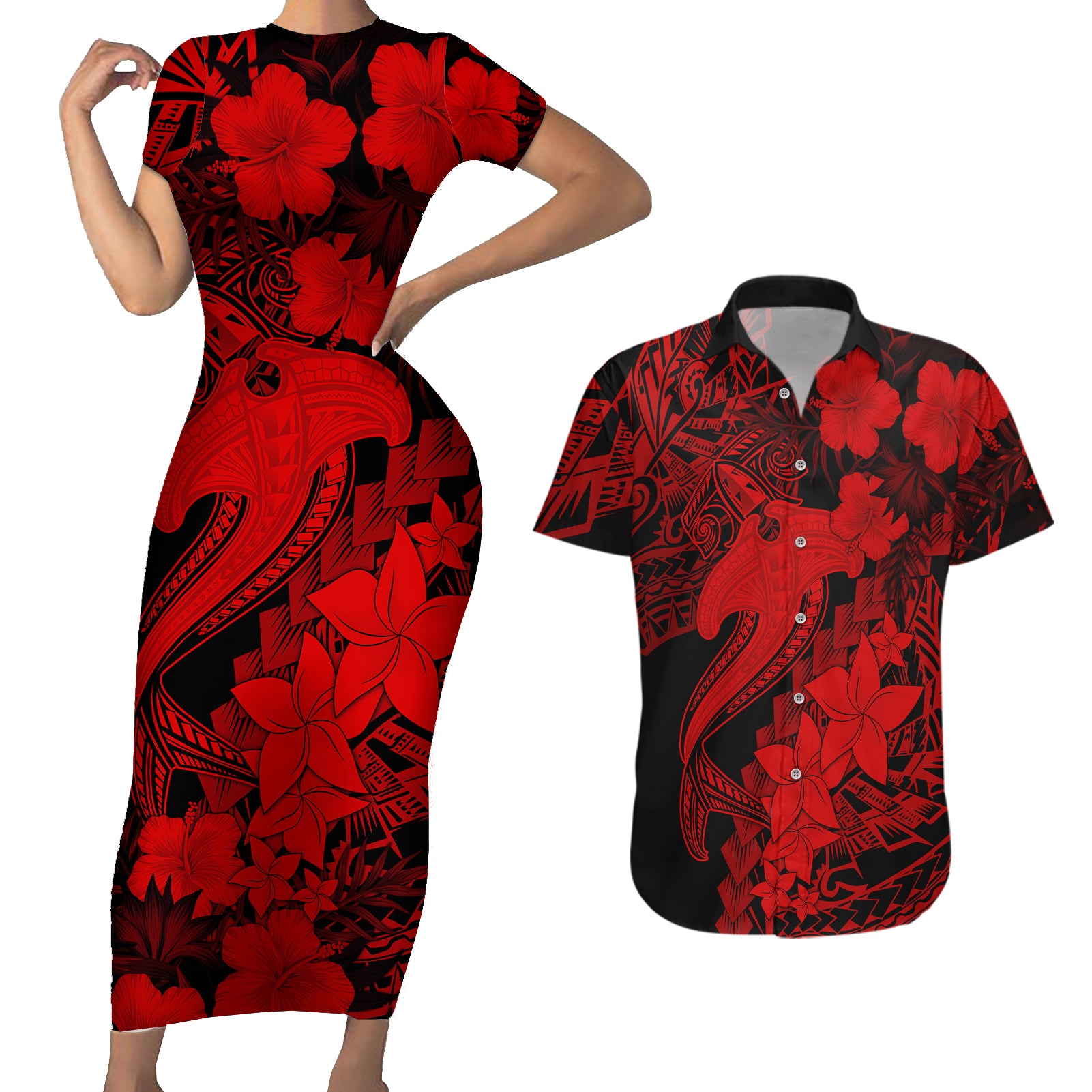 Aloha Hawaii Couples Matching Short Sleeve Bodycon Dress and Hawaiian Shirt Hammerhead Shark Tattoo Polynesian Summer - Red LT9 Red - Polynesian Pride