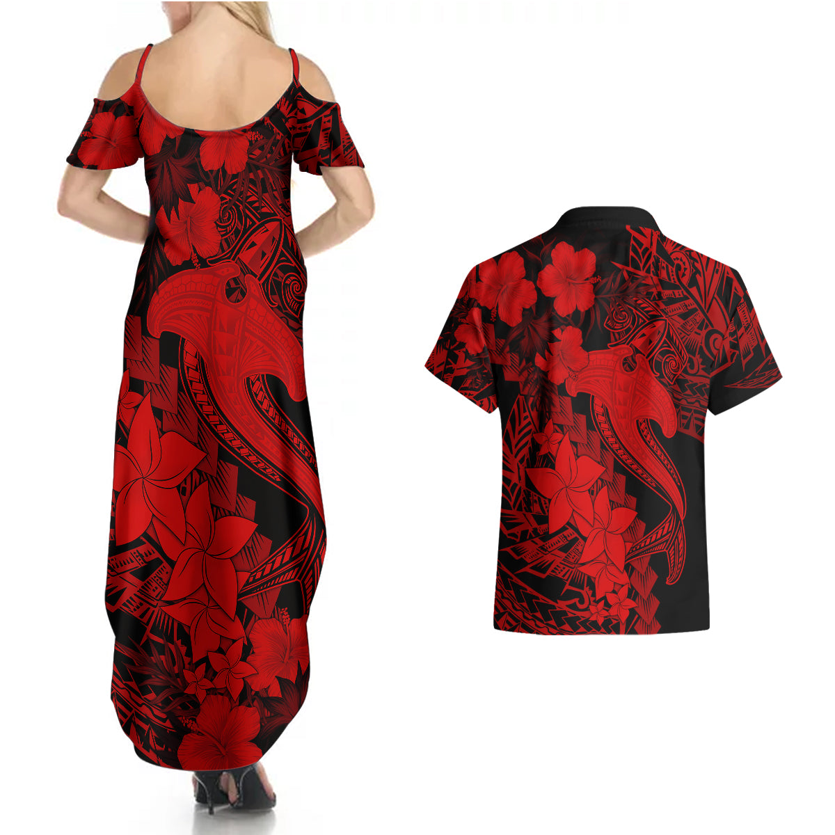 Aloha Hawaii Couples Matching Summer Maxi Dress and Hawaiian Shirt Hammerhead Shark Tattoo Polynesian Summer - Red LT9 - Polynesian Pride