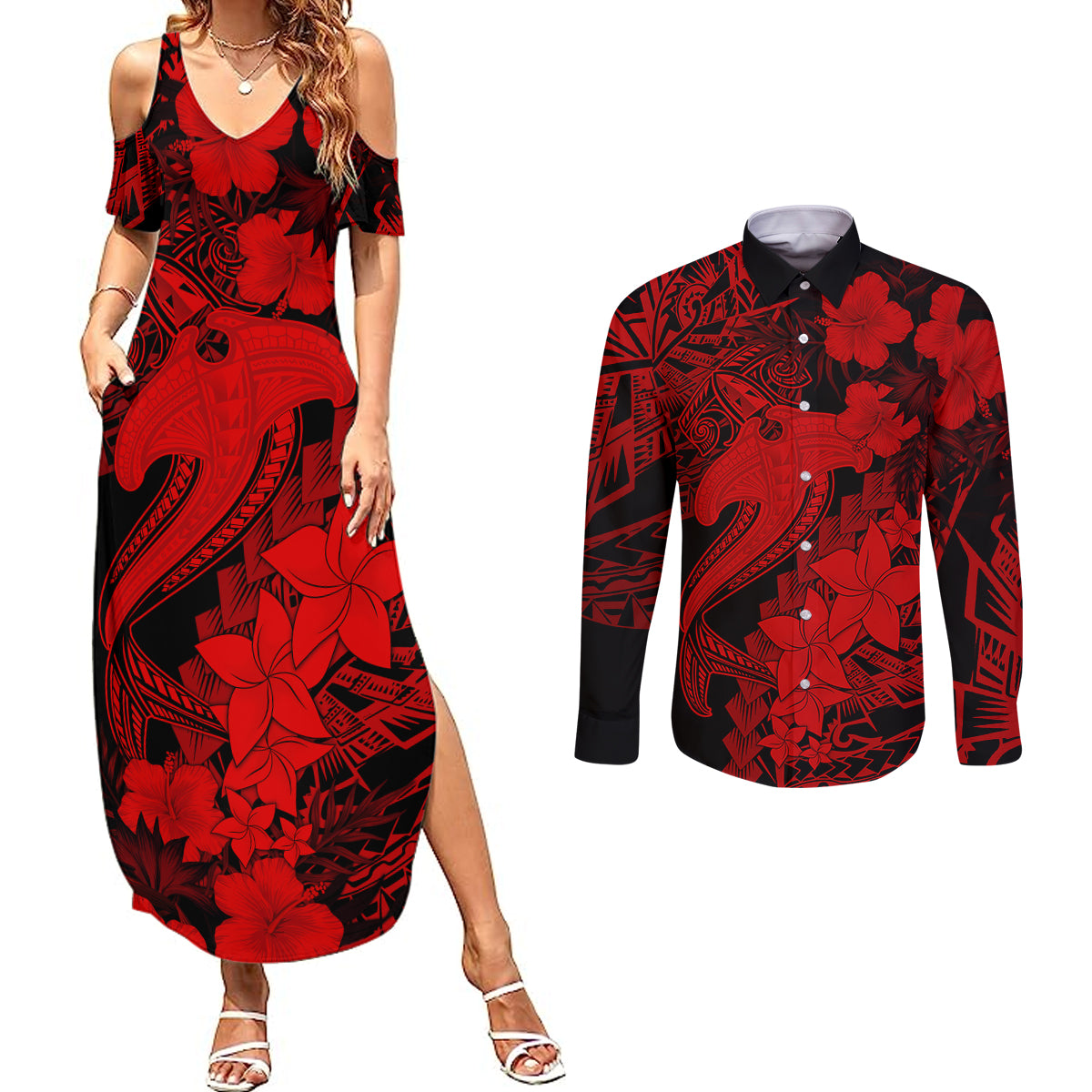 Aloha Hawaii Couples Matching Summer Maxi Dress and Long Sleeve Button Shirts Hammerhead Shark Tattoo Polynesian Summer - Red LT9 Red - Polynesian Pride
