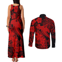 Aloha Hawaii Couples Matching Tank Maxi Dress and Long Sleeve Button Shirts Hammerhead Shark Tattoo Polynesian Summer - Red LT9 - Polynesian Pride