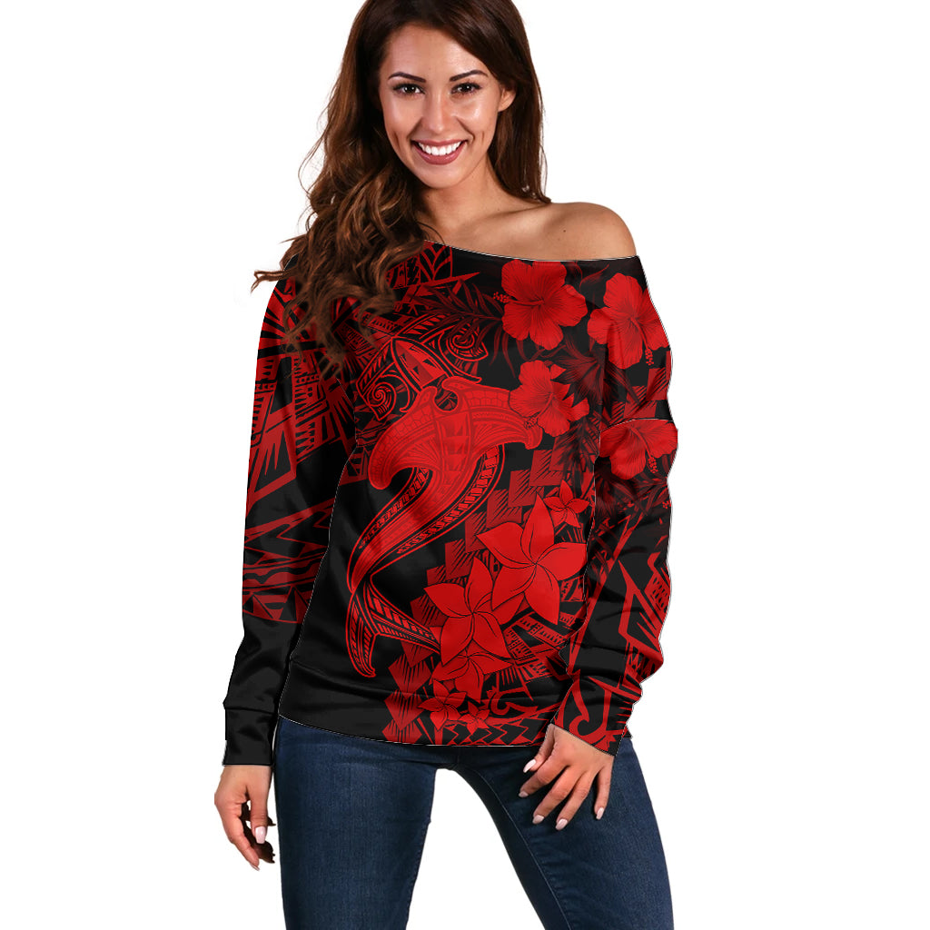 Aloha Hawaii Off Shoulder Sweater Hammerhead Shark Tattoo Polynesian Summer - Red LT9 Women Red - Polynesian Pride