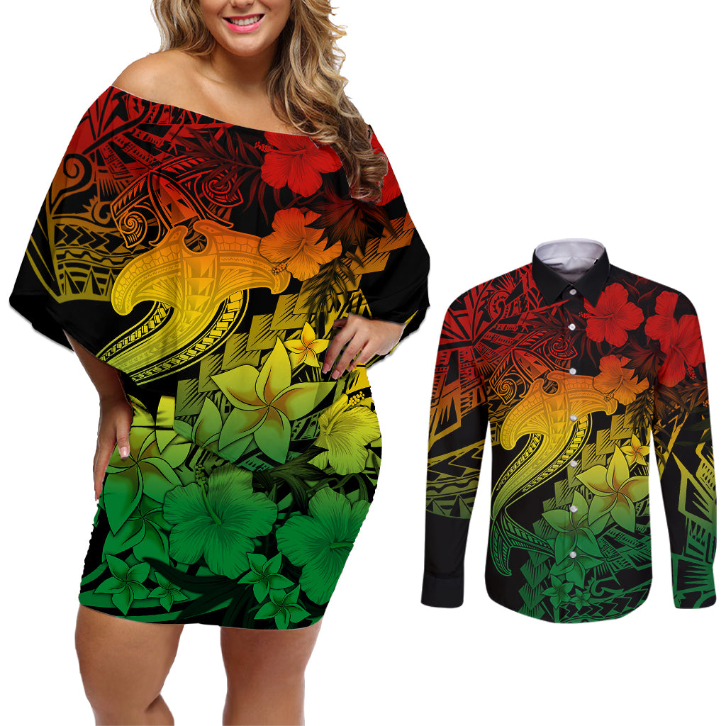 Aloha Hawaii Couples Matching Off Shoulder Short Dress and Long Sleeve Button Shirts Hammerhead Shark Tattoo Polynesian Summer - Reggae LT9 Reggae - Polynesian Pride