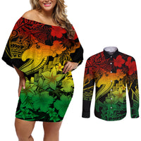 Aloha Hawaii Couples Matching Off Shoulder Short Dress and Long Sleeve Button Shirts Hammerhead Shark Tattoo Polynesian Summer - Reggae LT9 Reggae - Polynesian Pride
