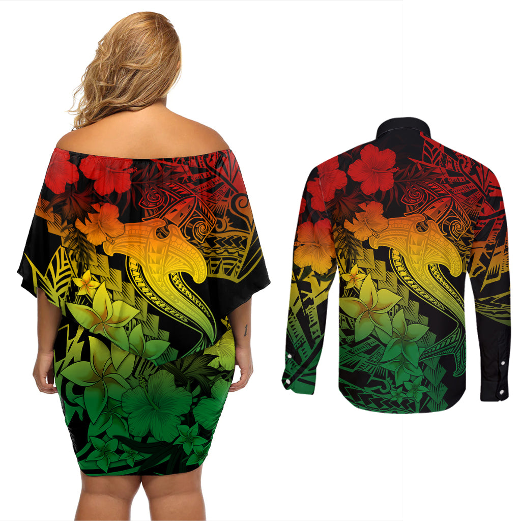 Aloha Hawaii Couples Matching Off Shoulder Short Dress and Long Sleeve Button Shirts Hammerhead Shark Tattoo Polynesian Summer - Reggae LT9 - Polynesian Pride