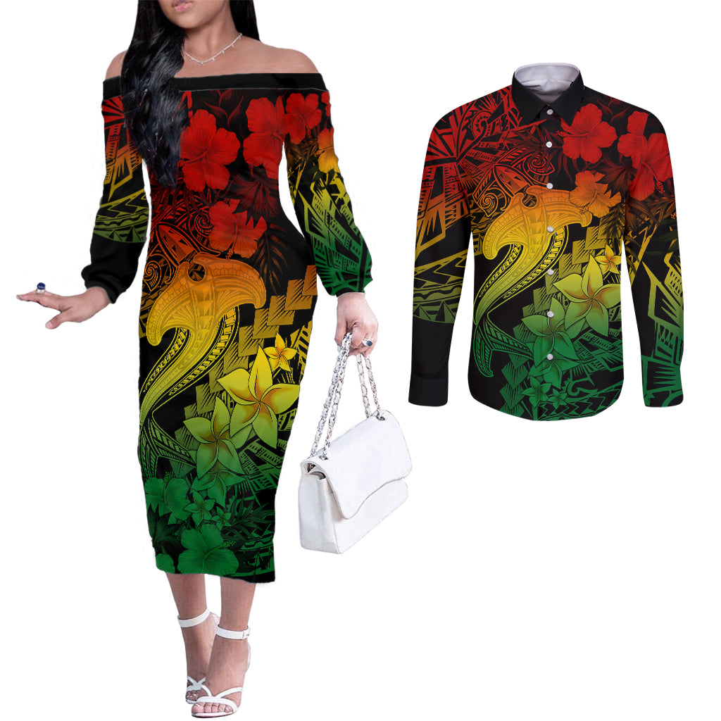 Aloha Hawaii Couples Matching Off The Shoulder Long Sleeve Dress and Long Sleeve Button Shirts Hammerhead Shark Tattoo Polynesian Summer - Reggae LT9 Reggae - Polynesian Pride