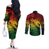 Aloha Hawaii Couples Matching Off The Shoulder Long Sleeve Dress and Long Sleeve Button Shirts Hammerhead Shark Tattoo Polynesian Summer - Reggae LT9 - Polynesian Pride