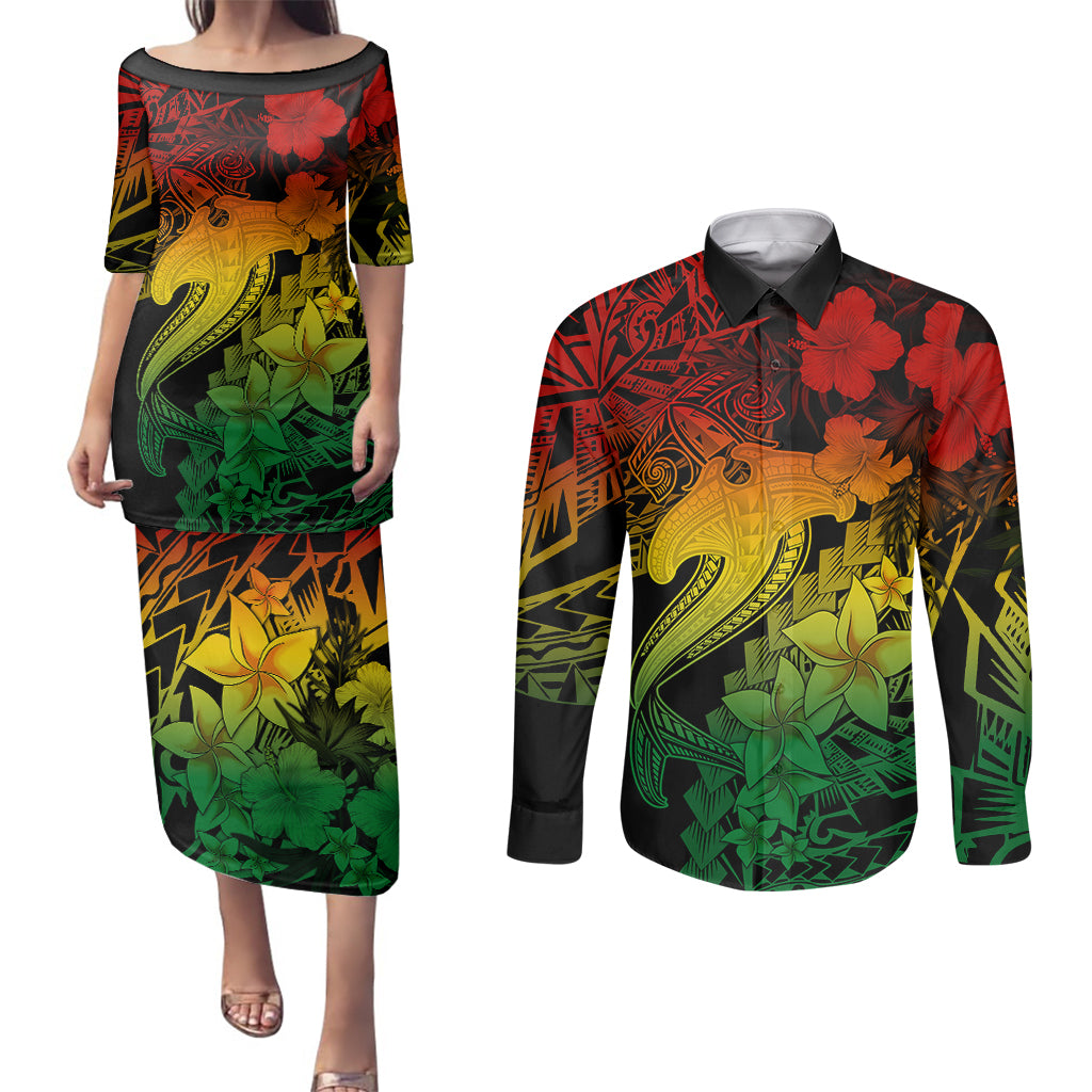 Aloha Hawaii Couples Matching Puletasi Dress and Long Sleeve Button Shirts Hammerhead Shark Tattoo Polynesian Summer - Reggae LT9 Reggae - Polynesian Pride
