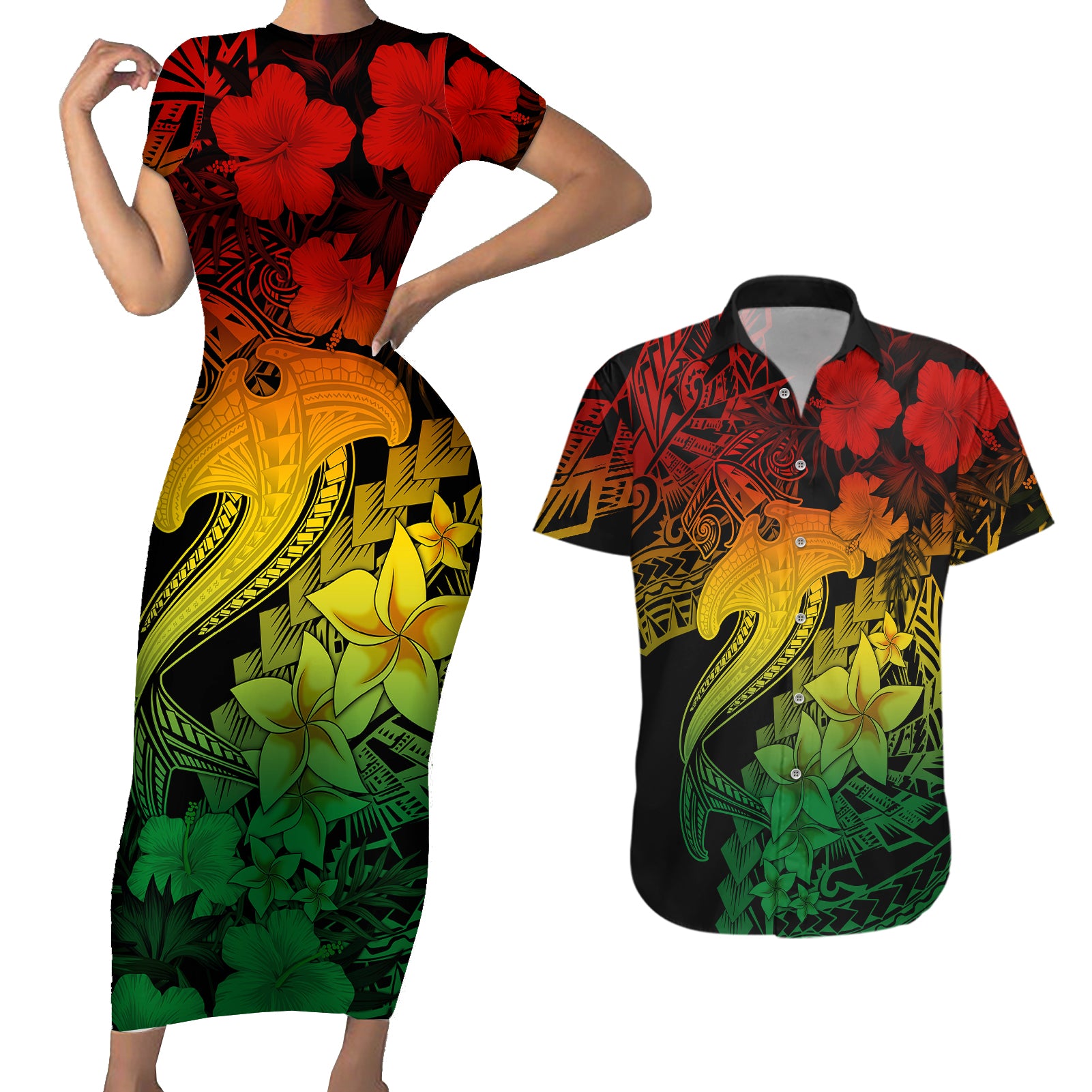 Aloha Hawaii Couples Matching Short Sleeve Bodycon Dress and Hawaiian Shirt Hammerhead Shark Tattoo Polynesian Summer - Reggae LT9 Reggae - Polynesian Pride