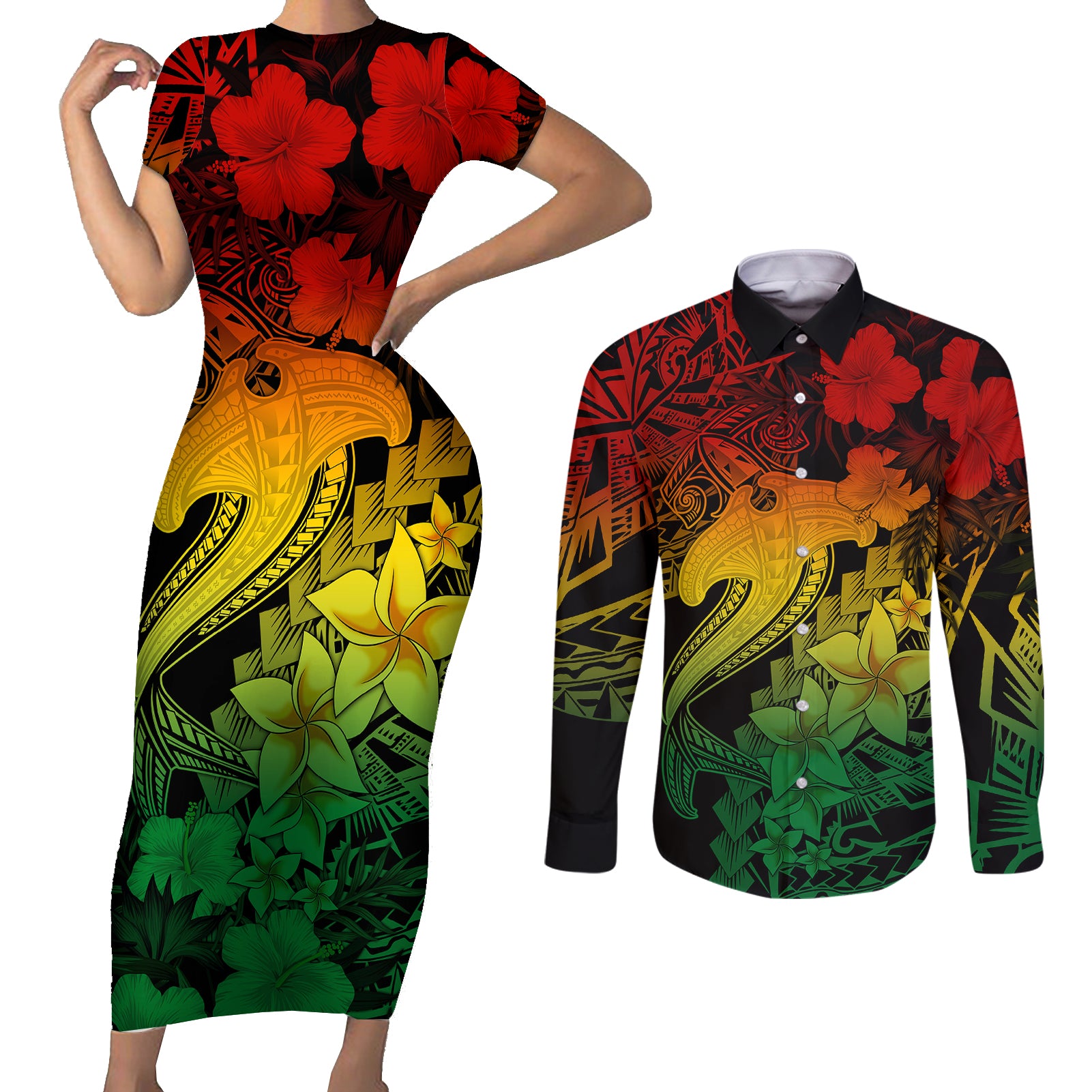 Aloha Hawaii Couples Matching Short Sleeve Bodycon Dress and Long Sleeve Button Shirts Hammerhead Shark Tattoo Polynesian Summer - Reggae LT9 Reggae - Polynesian Pride