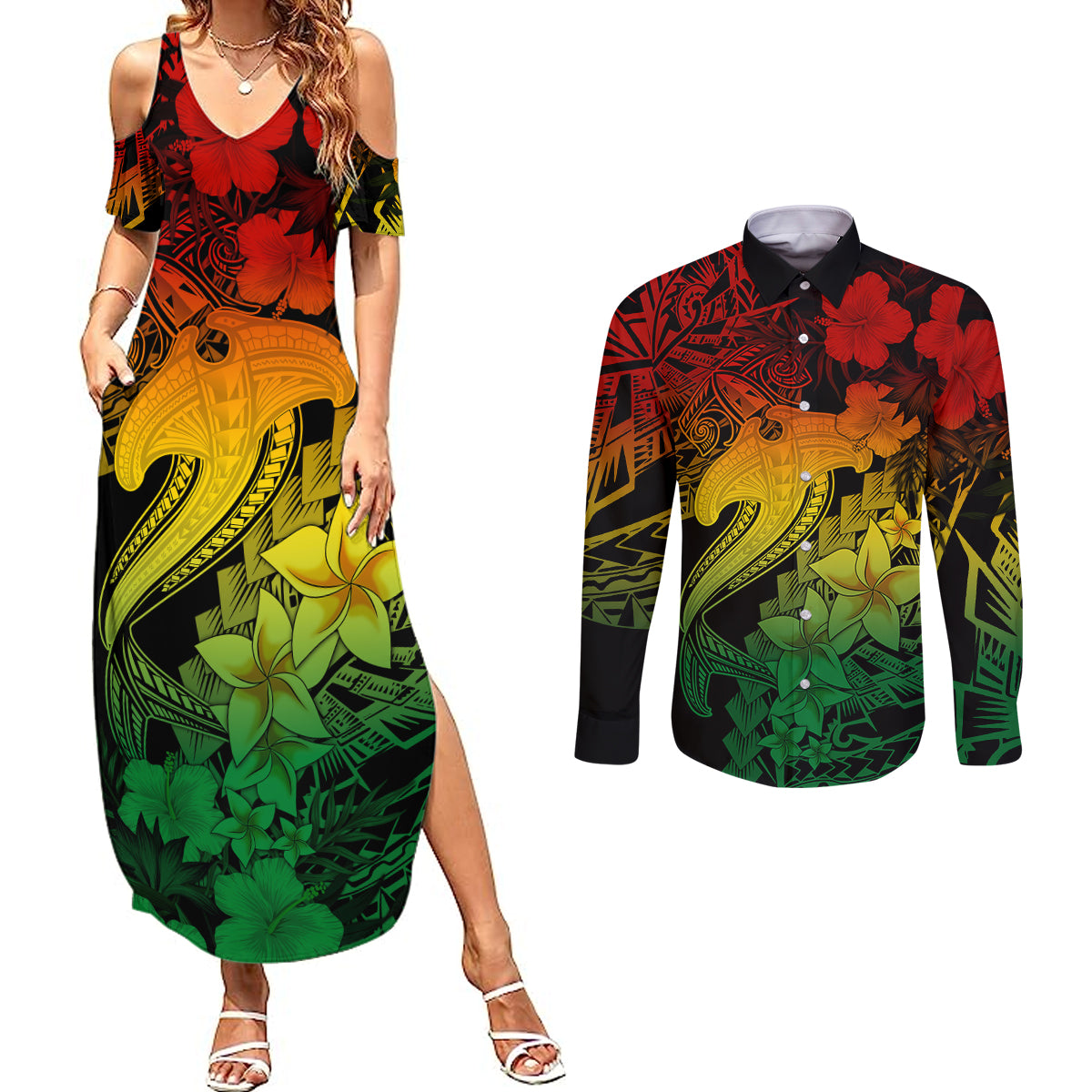 Aloha Hawaii Couples Matching Summer Maxi Dress and Long Sleeve Button Shirts Hammerhead Shark Tattoo Polynesian Summer - Reggae LT9 Reggae - Polynesian Pride