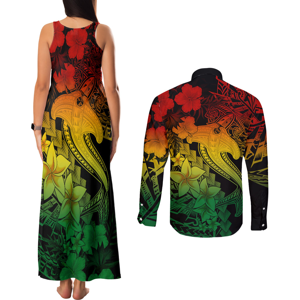 Aloha Hawaii Couples Matching Tank Maxi Dress and Long Sleeve Button Shirts Hammerhead Shark Tattoo Polynesian Summer - Reggae LT9 - Polynesian Pride