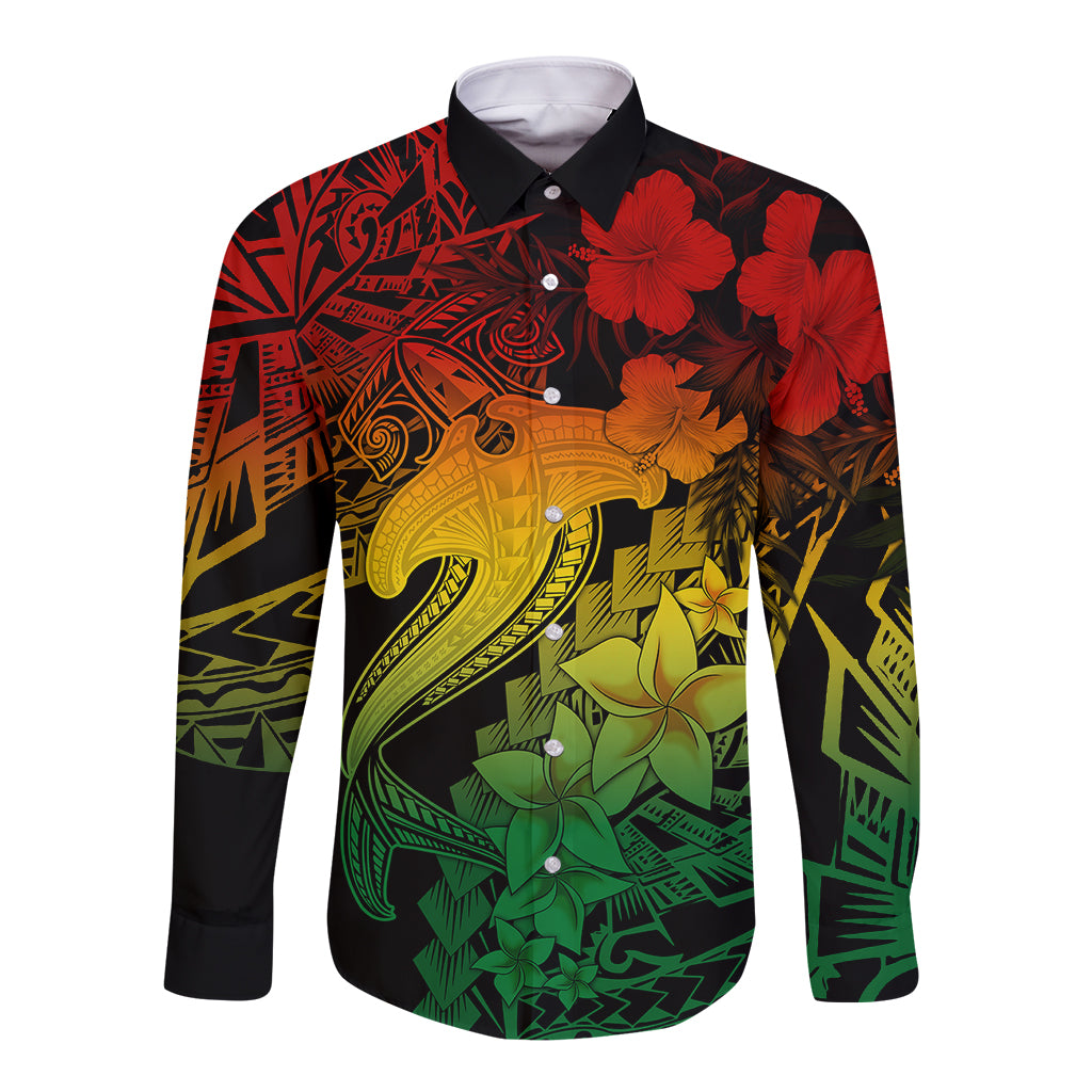 Aloha Hawaii Long Sleeve Button Shirt Hammerhead Shark Tattoo Polynesian Summer - Reggae LT9 Unisex Reggae - Polynesian Pride