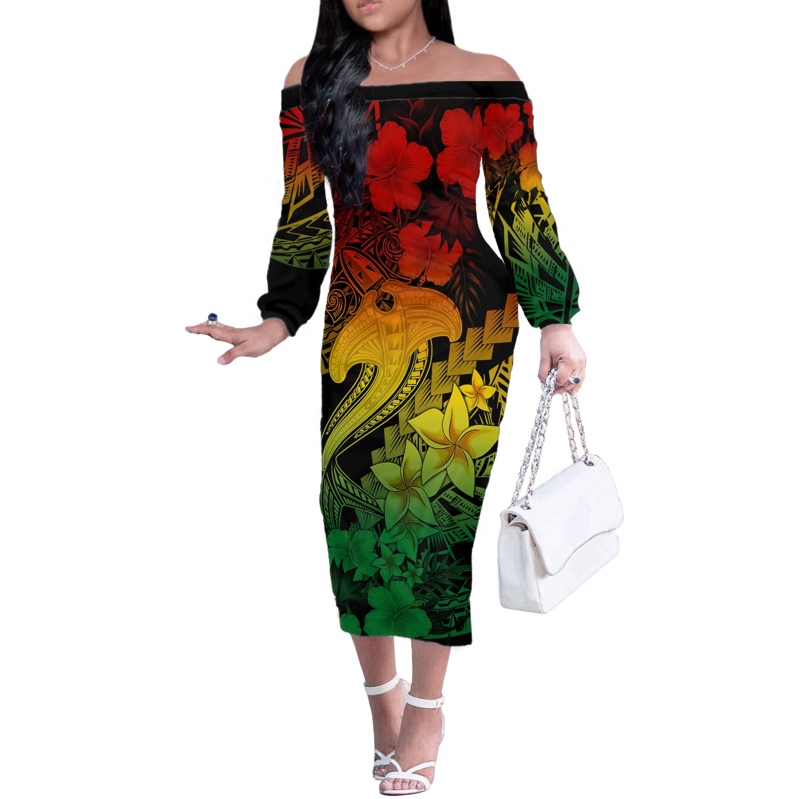 Aloha Hawaii Off The Shoulder Long Sleeve Dress Hammerhead Shark Tattoo Polynesian Summer - Reggae LT9 Women Reggae - Polynesian Pride