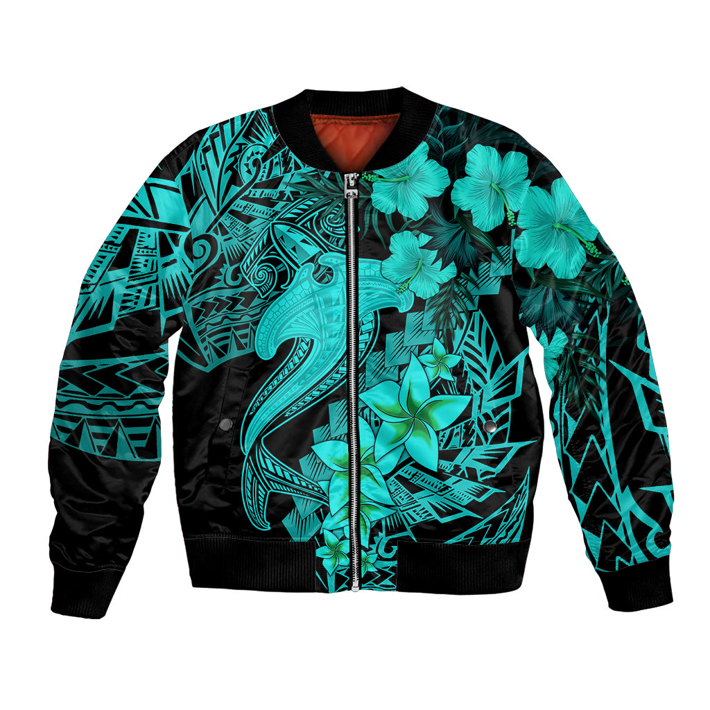 Aloha Hawaii Bomber Jacket Hammerhead Shark Tattoo Polynesian Summer - Turquoise LT9 Unisex Turquoise - Polynesian Pride
