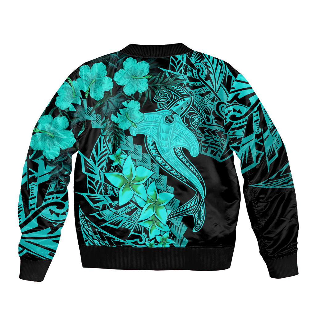 Aloha Hawaii Bomber Jacket Hammerhead Shark Tattoo Polynesian Summer - Turquoise LT9 - Polynesian Pride