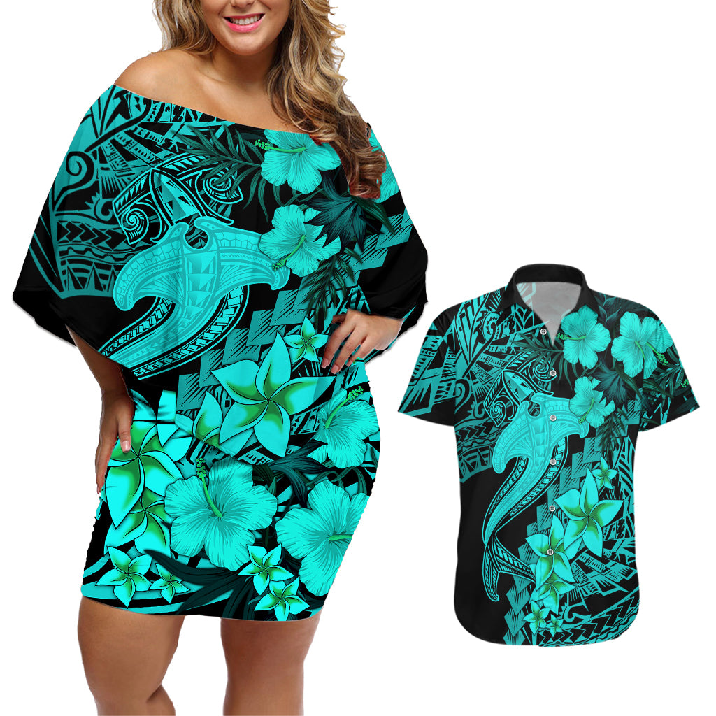 Aloha Hawaii Couples Matching Off Shoulder Short Dress and Hawaiian Shirt Hammerhead Shark Tattoo Polynesian Summer - Turquoise LT9 Turquoise - Polynesian Pride