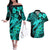 Aloha Hawaii Couples Matching Off The Shoulder Long Sleeve Dress and Hawaiian Shirt Hammerhead Shark Tattoo Polynesian Summer - Turquoise LT9 Turquoise - Polynesian Pride