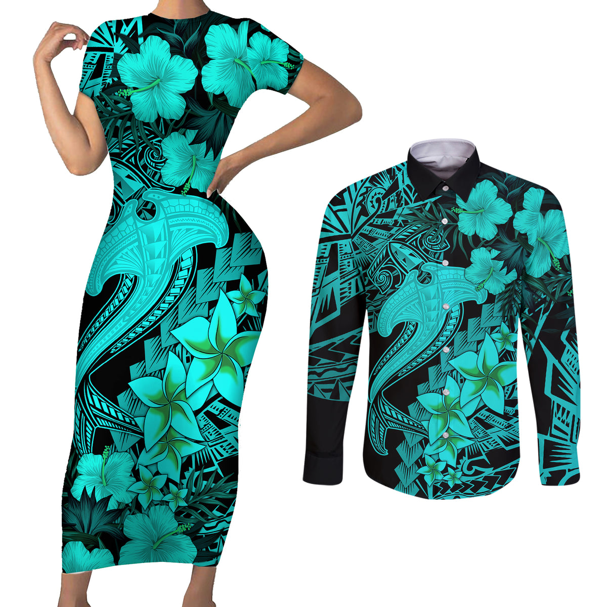 Aloha Hawaii Couples Matching Short Sleeve Bodycon Dress and Long Sleeve Button Shirts Hammerhead Shark Tattoo Polynesian Summer - Turquoise LT9 Turquoise - Polynesian Pride