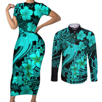Aloha Hawaii Couples Matching Short Sleeve Bodycon Dress and Long Sleeve Button Shirts Hammerhead Shark Tattoo Polynesian Summer - Turquoise LT9 Turquoise - Polynesian Pride