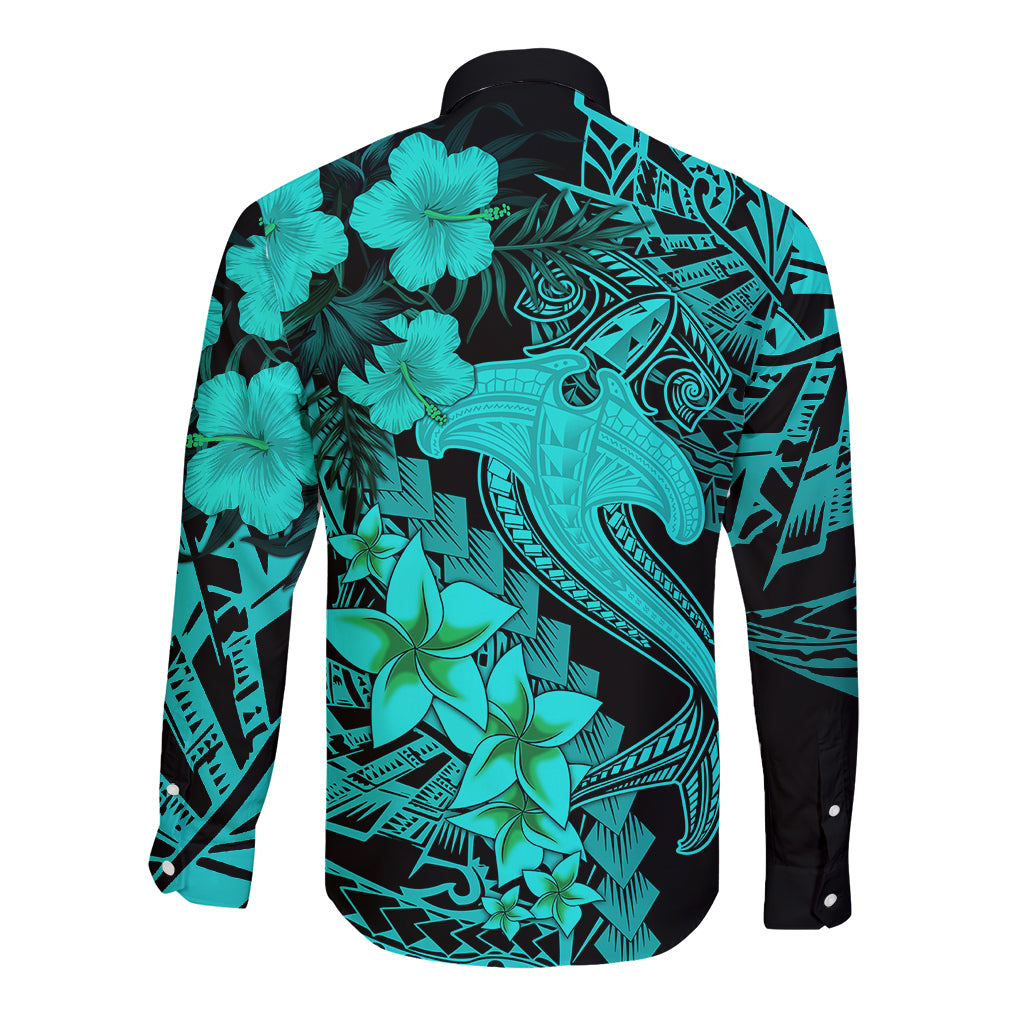 Aloha Hawaii Long Sleeve Button Shirt Hammerhead Shark Tattoo Polynesian Summer - Turquoise LT9 - Polynesian Pride