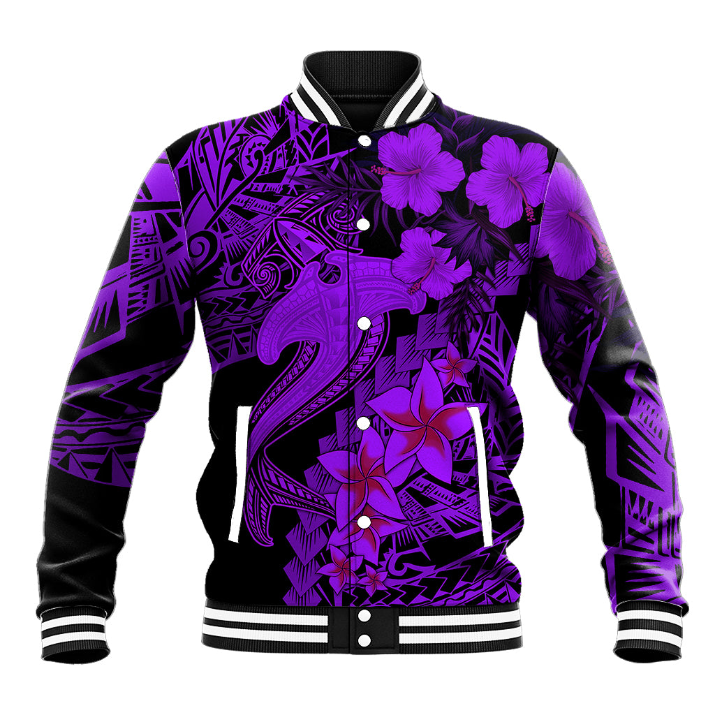 Aloha Hawaii Baseball Jacket Hammerhead Shark Tattoo Polynesian Summer - Violet LT9 Unisex Violet - Polynesian Pride