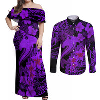 Aloha Hawaii Couples Matching Off Shoulder Maxi Dress and Long Sleeve Button Shirts Hammerhead Shark Tattoo Polynesian Summer - Violet LT9 Violet - Polynesian Pride