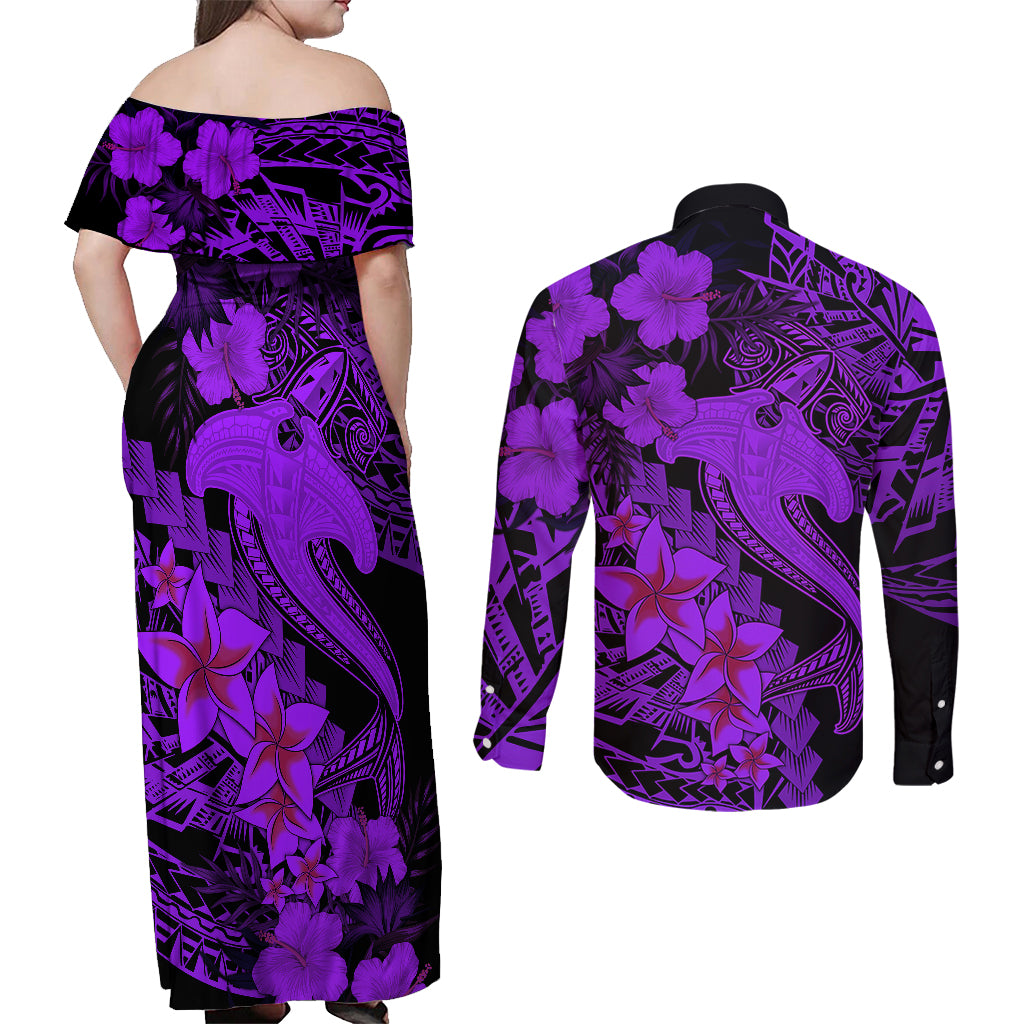 Aloha Hawaii Couples Matching Off Shoulder Maxi Dress and Long Sleeve Button Shirts Hammerhead Shark Tattoo Polynesian Summer - Violet LT9 - Polynesian Pride