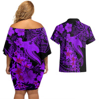 Aloha Hawaii Couples Matching Off Shoulder Short Dress and Hawaiian Shirt Hammerhead Shark Tattoo Polynesian Summer - Violet LT9 - Polynesian Pride