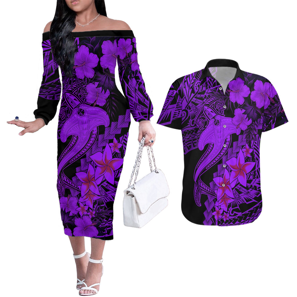 Aloha Hawaii Couples Matching Off The Shoulder Long Sleeve Dress and Hawaiian Shirt Hammerhead Shark Tattoo Polynesian Summer - Violet LT9 Violet - Polynesian Pride