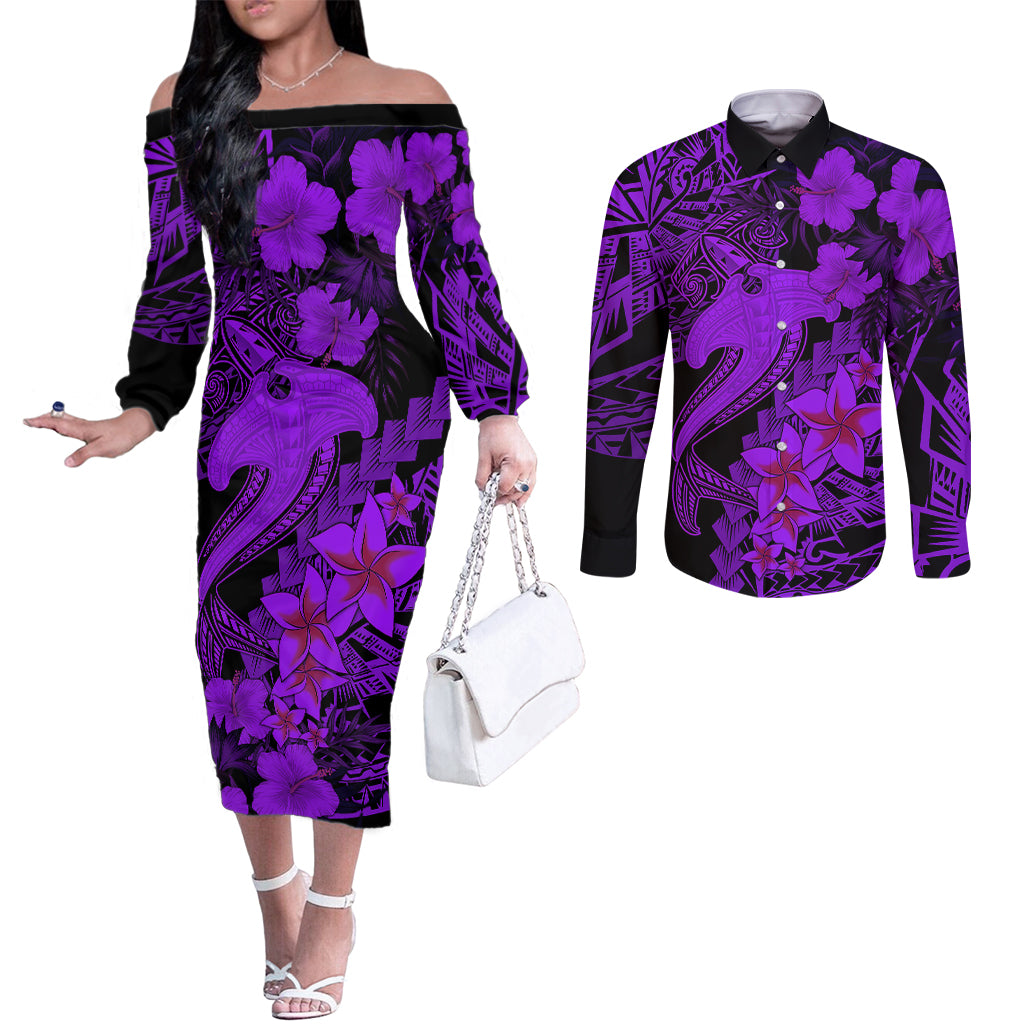 Aloha Hawaii Couples Matching Off The Shoulder Long Sleeve Dress and Long Sleeve Button Shirts Hammerhead Shark Tattoo Polynesian Summer - Violet LT9 Violet - Polynesian Pride