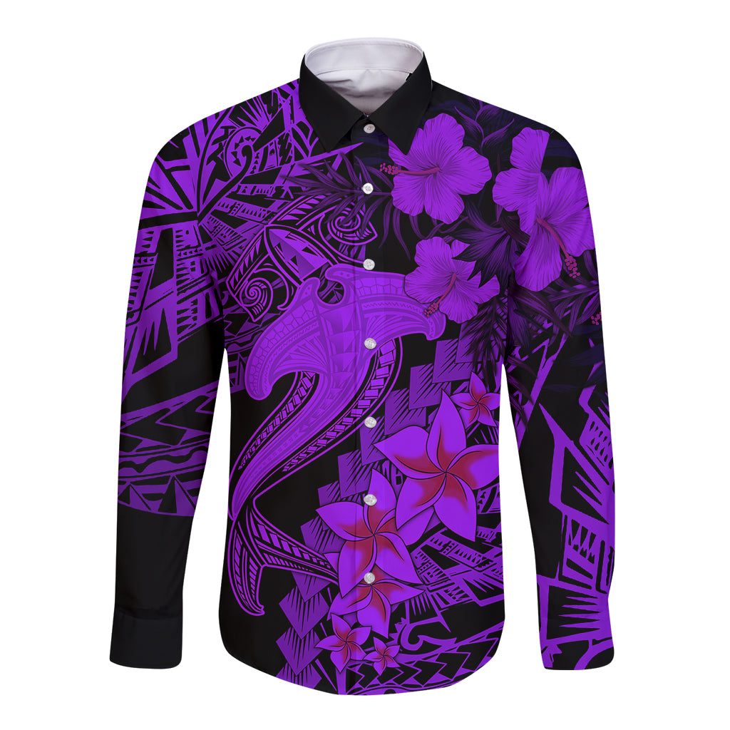 Aloha Hawaii Long Sleeve Button Shirt Hammerhead Shark Tattoo Polynesian Summer - Violet LT9 Unisex Violet - Polynesian Pride