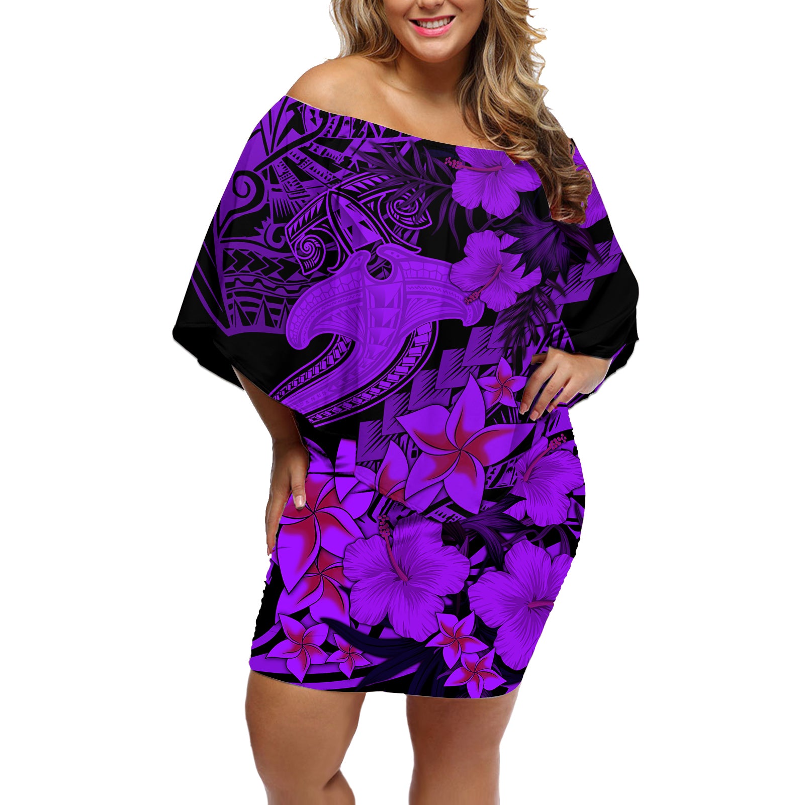 Aloha Hawaii Off Shoulder Short Dress Hammerhead Shark Tattoo Polynesian Summer - Violet LT9 Women Violet - Polynesian Pride