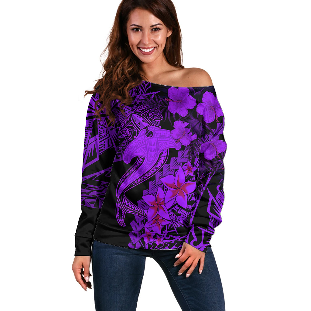 Aloha Hawaii Off Shoulder Sweater Hammerhead Shark Tattoo Polynesian Summer - Violet LT9 Women Violet - Polynesian Pride