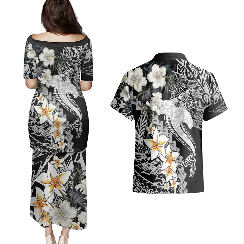 Aloha Hawaii Couples Matching Puletasi Dress and Hawaiian Shirt Hammerhead Shark Tattoo Polynesian Summer - White LT9 - Polynesian Pride